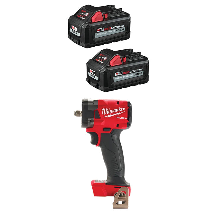 MILWAUKEE M18™ REDLITHIUM™ HIGH OUTPUT™ XC6.0 Battery (2 PACK) & FREE M18 FUEL™ 3/8" Compact Impact Wrench w/ Friction Ring