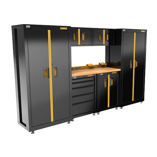 DEWALT 126" Wide, 7 PC. Welded Storage Suite w/ 2-Door & 5-Drawer Base Cabinets & Wood Top
