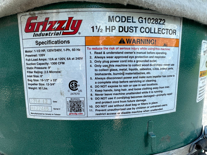 USED GRIZZLY G1028Z2 Dust Collector 1300 CFM 120V/240V