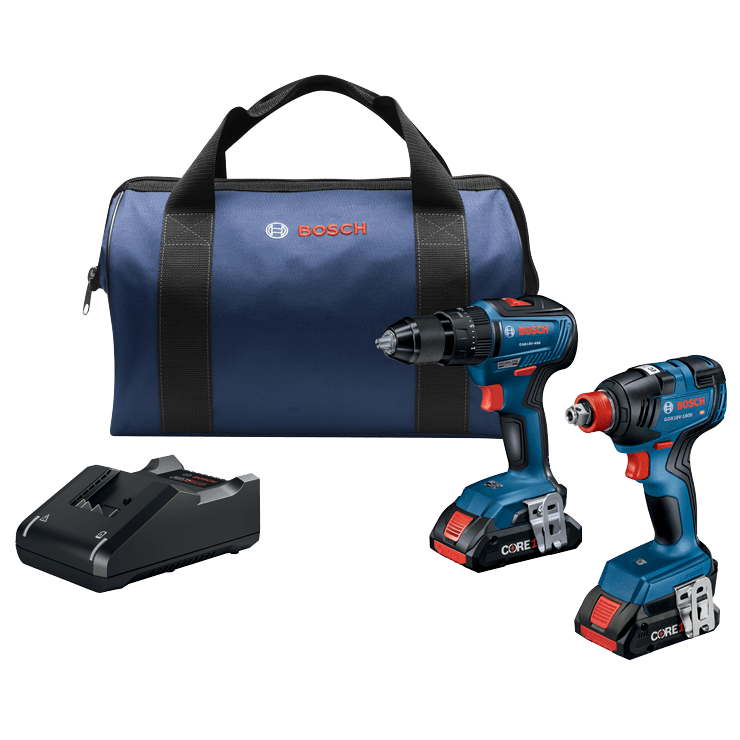 BOSCH 18V 2-Tool Combo Kit with 1/2 In. Hammer Drill/Driver, Two-In-One 1/4 In. and 1/2 In. Bit/Socket Impact Driver/Wrench and (2) CORE18V® 4 Ah Advanced Power Batteries
