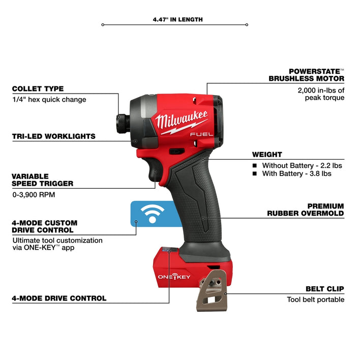 Destornillador de impacto hexagonal MILWAUKEE M18 FUEL™ de 1/4" con ONE-KEY™ (solo herramienta)