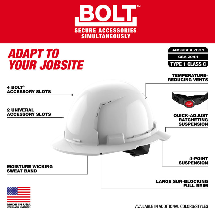 MILWAUKEE BOLT™ Full Brim Hard Hat w/ 4PT Ratcheting Suspension (USA) - Type 1