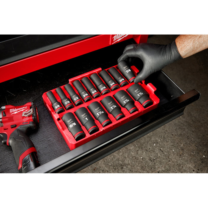 Juego de BANDEJA SAE de 15 piezas de vaso de servicio de impacto MILWAUKEE SHOCKWAVE de 1/2" Dr.