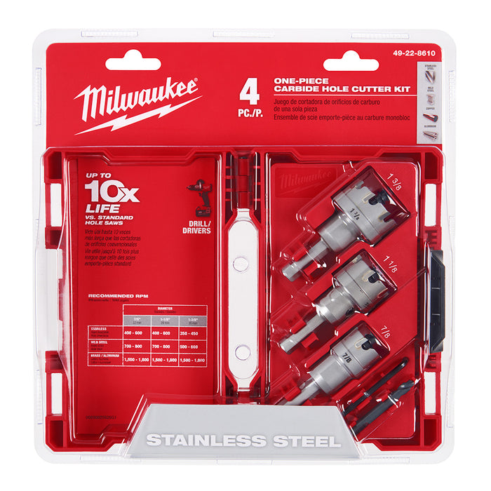 MILWAUKEE 4 PIEZAS. Juego de cortadores de orificios de carburo de una pieza