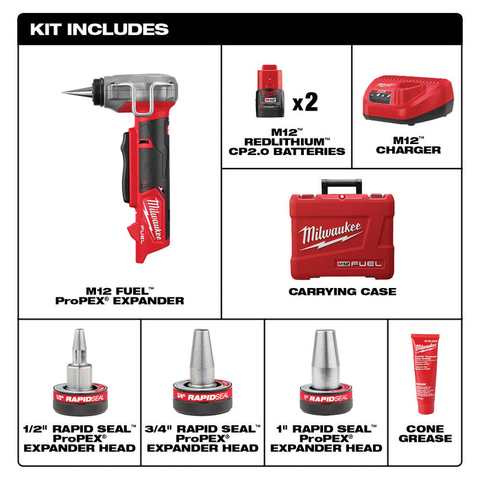 Expansor MILWAUKEE M12 FUEL™ ProPEX® con kit de cabezales expansores RAPID SEAL™ ProPEX® de 1/2"-1"