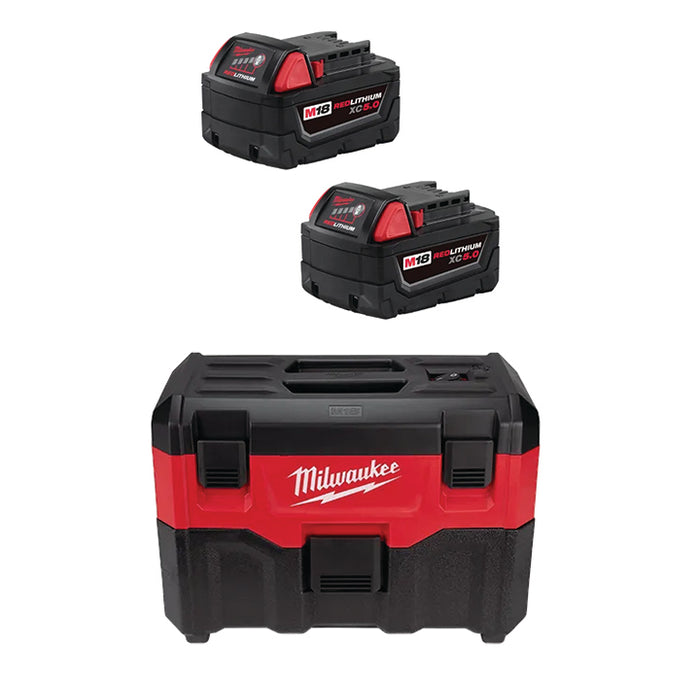Batería MILWAUKEE M18™ REDLITHIUM™ XC5.0 (PAQUETE DE 2) y aspiradora en seco/mojado M18™ de 2 galones GRATIS
