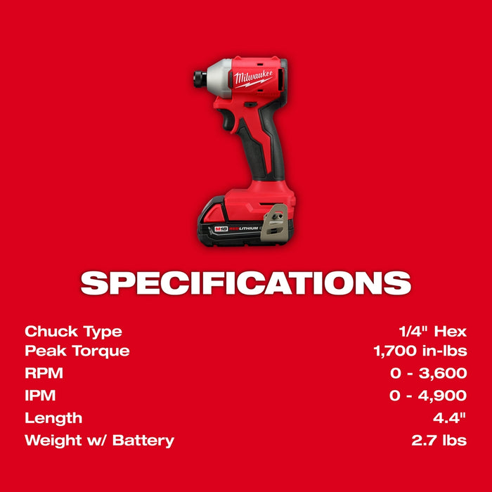 Milwaukee M18 Compact Brushless 1/4" Hex Impact Driver Kit 3650-22CT
