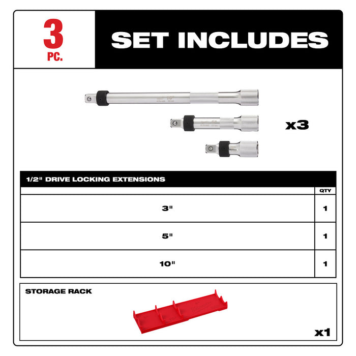 Milwaukee Tools 3pc 1/2in Dr Locking Extnsn Set 48-22-9362