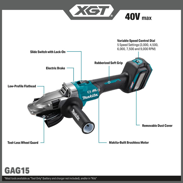 Makita GAG15Z 40V max XGT® Brushless Cordless 5" Slide Switch Flathead Grinder, Variable Speed, with Electric Brake, Tool Only