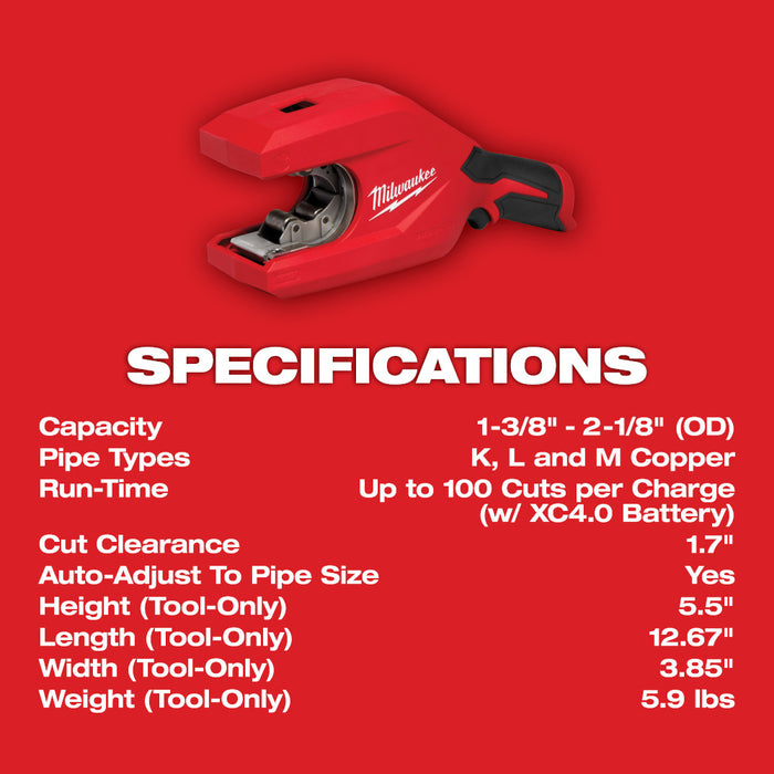 MILWAUKEE M12™ 1-1/4" - 2" Copper Tubing Cutter (Tool Only)