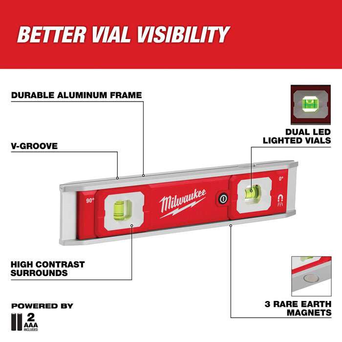 MILWAUKEE 9" Torpedo Level w/ Lighted Vials