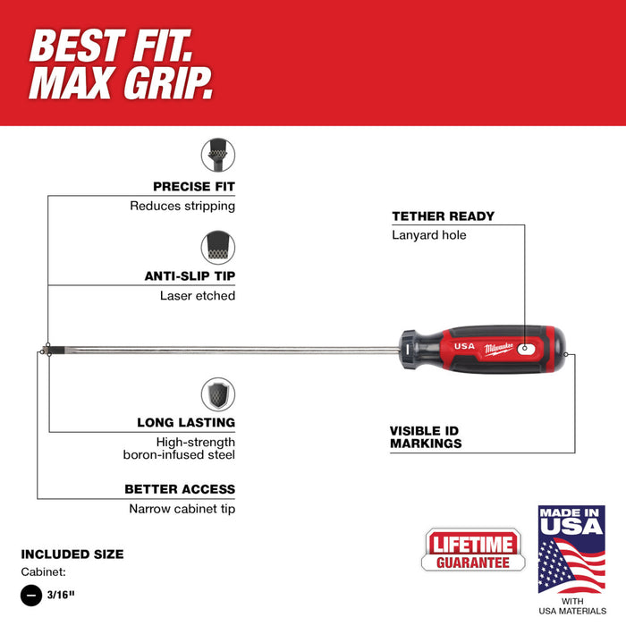 MILWAUKEE 3/16" Cabinet 8" Cushion Grip Screwdriver