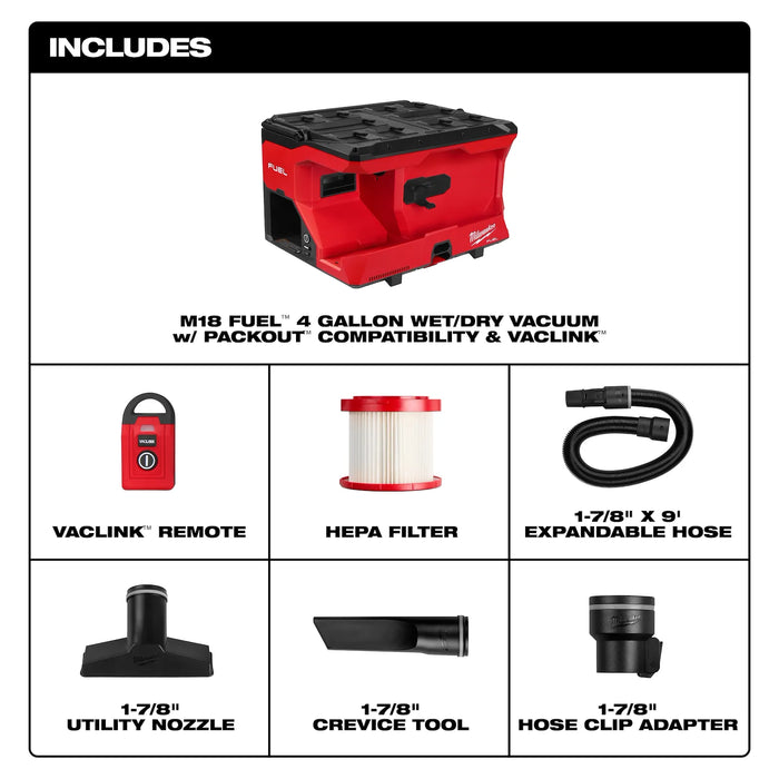 Milwaukee M18 FUEL™ 4 Gallon Wet/Dry Vacuum w/ PACKOUT™ Compatibility & VACLINK™