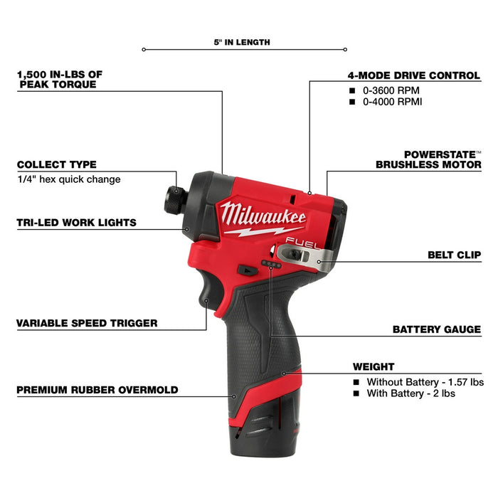 MILWAUKEE M12 FUEL™ 1/4" Hex Impact Driver Kit + FREE 48-11-2425