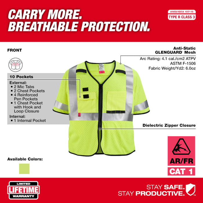MILWAUKEE AR/FR Cat. 1 Class 3 High Visibility Yellow Mesh Safety Vest