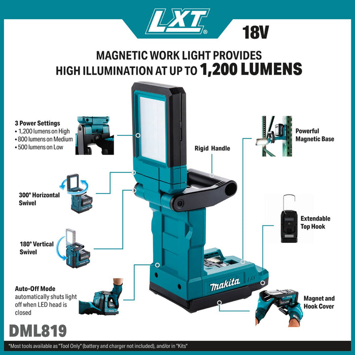 Makita DML819 18V LXT® Lithium-Ion L.E.D. Magnetic Work Light, Light Only