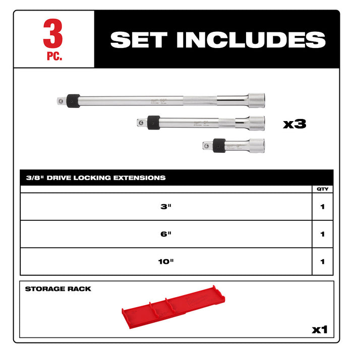 Milwaukee Tools 3pc 3/8in Dr Locking Extnsn Set 48-22-9361