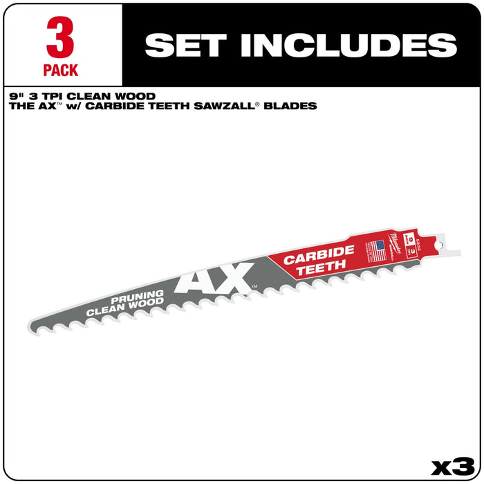 MILWAUKEE 3 TPI AX™ Pruning Clean Wood SAWZALL® Blade w/ Carbide Teeth (3 PACK)