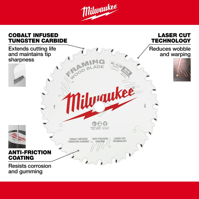 MILWAUKEE 6-1/2" 24T Circular Saw Wood Cutting Blade (2 PACK)