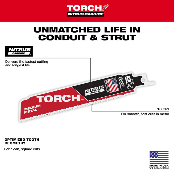 MILWAUKEE 10 TPI TORCH™ Medium Metal SAWZALL® Blade w/ NITRUS CARBIDE™ (5 PACK)