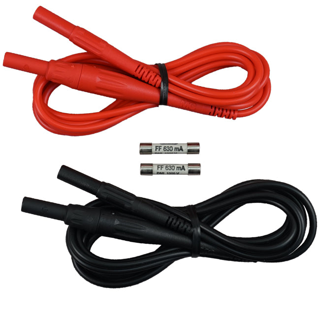 AEMC 2139.74 Lead – Set of 2, 6.5 ft. Color-coded (Rd/Bk) Fused Leads (.63A) w/4mm Banana Plugs (Use with Clamp-on Meters, DMM's, Hand-held Megohmmeters)