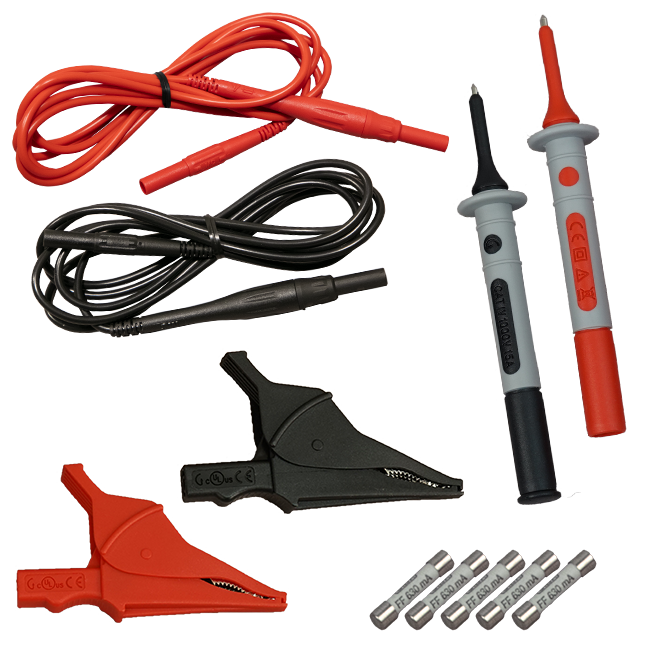 AEMC 2152.28 Lead - Set of 2, 6.5 ft. Color-coded (Red/Black) Fused Leads (0.63A); Two Screw-on Alligator Clips, Two Screw-on Test Probes, Set of 5, 0.63A Fuses (UL)