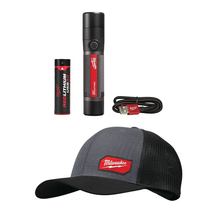 MILWAUKEE USB Rechargeable 800L Compact Flashlight & FREE Gray GRIDIRON™ Snapback Trucker Hat