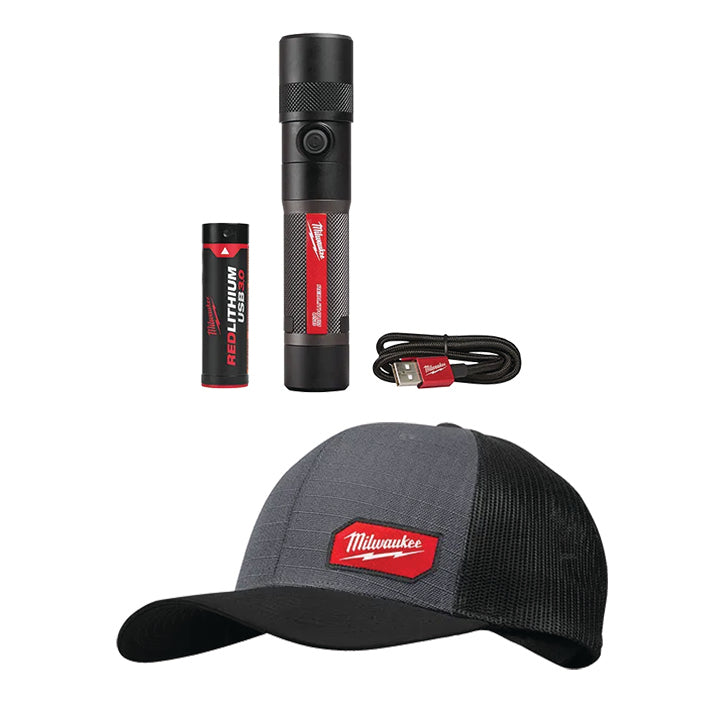 MILWAUKEE REDLITHIUM™ USB 1100L Twist Focus Flashlight & FREE Gray GRIDIRON™ Snapback Trucker Hat