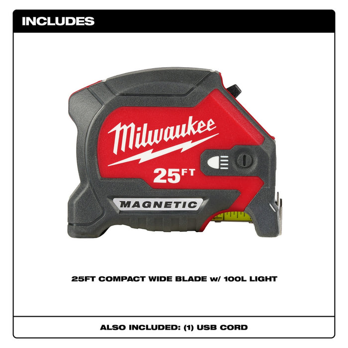 MILWAUKEE 25' Compact Wide Blade Magnetic Tape Measure w/ Rechargeable 100L Light