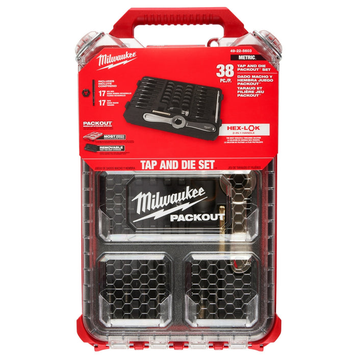 MILWAUKEE 38 UDS. Juego de machos y matrices PACKOUT™ con mango 2 en 1 HEX-LOK™ - Métrico