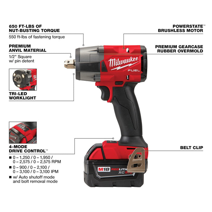 MILWAUKEE M18 FUEL™ 1/2" Mid-Torque Impact Wrench w/ Pin Detent Kit