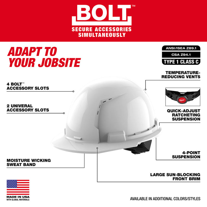 MILWAUKEE BOLT™ Front Brim Hard Hat w/ 4PT Ratcheting Suspension (USA) - Type 1