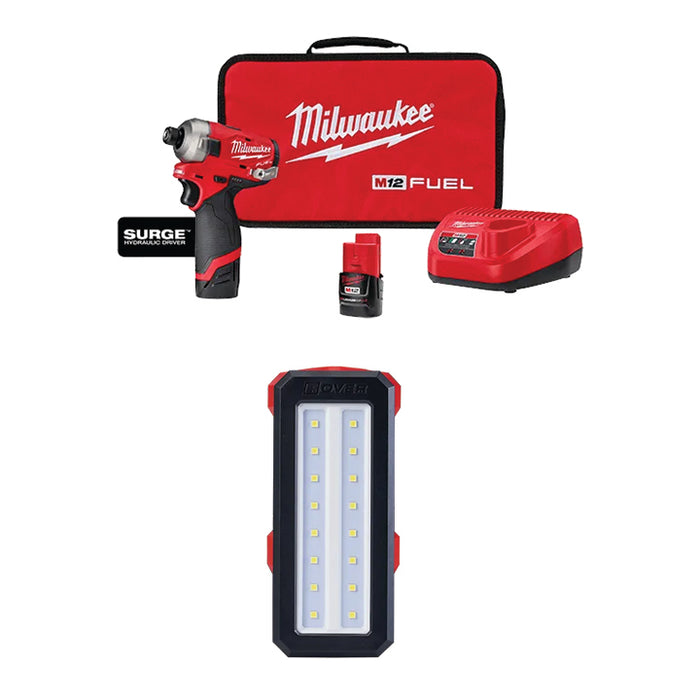 MILWAUKEE M12 FUEL™ SURGE™ 1/4" Hex Hydraulic Driver Kit & FREE M12™ ROVER™ Service & Repair Flood Light w/ USB Charging