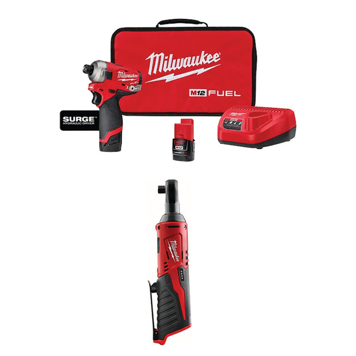 MILWAUKEE M12 FUEL™ SURGE™ 1/4" Hex Hydraulic Driver Kit & FREE M12™ 3/8" Ratchet