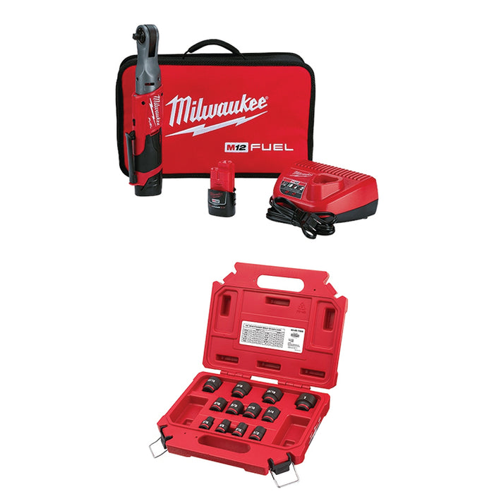 MILWAUKEE M12 FUEL™ 3/8" Ratchet Kit & FREE 12 PC. SHOCKWAVE IMPACT DUTY™ 3/8" Drive SAE Standard 6 Point Socket Set