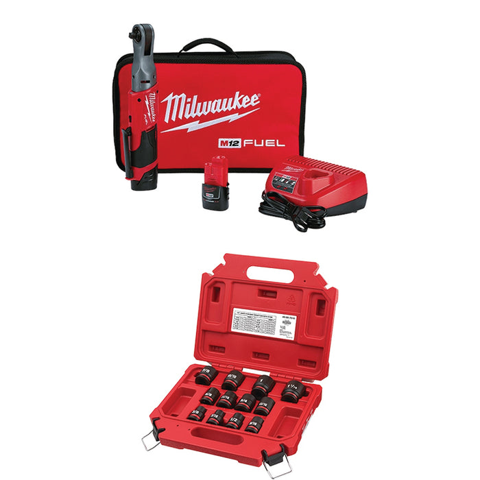 MILWAUKEE M12 FUEL™ 3/8" Ratchet Kit & FREE 12 PC. SHOCKWAVE IMPACT DUTY™ 1/2" Drive SAE Standard 6 Point Socket Set