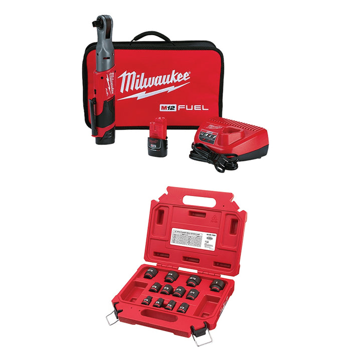 MILWAUKEE M12 FUEL™ 1/2" Ratchet Kit & FREE 12 PC. SHOCKWAVE IMPACT DUTY™ 3/8" Drive SAE Standard 6 Point Socket Set