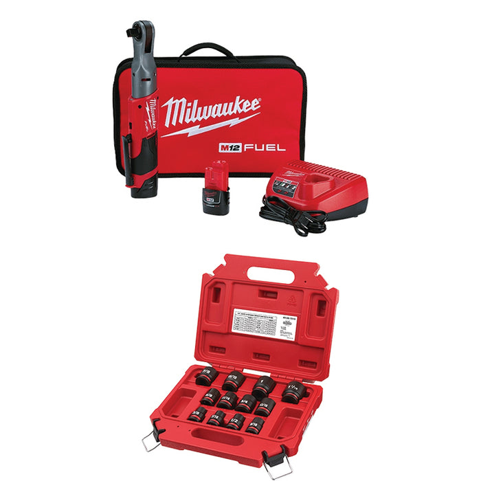 MILWAUKEE M12 FUEL™ 1/2" Ratchet Kit & FREE 12 PC. SHOCKWAVE IMPACT DUTY™ 1/2" Drive SAE Standard 6 Point Socket Set