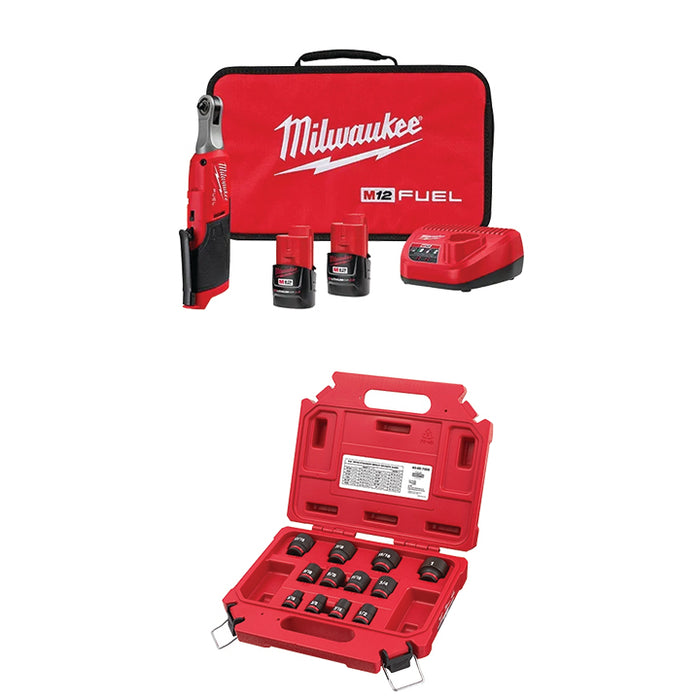 MILWAUKEE M12 FUEL™ 1/4" High Speed Ratchet Kit & FREE 12 PC. SHOCKWAVE IMPACT DUTY™ 3/8" Drive SAE Standard 6 Point Socket Set