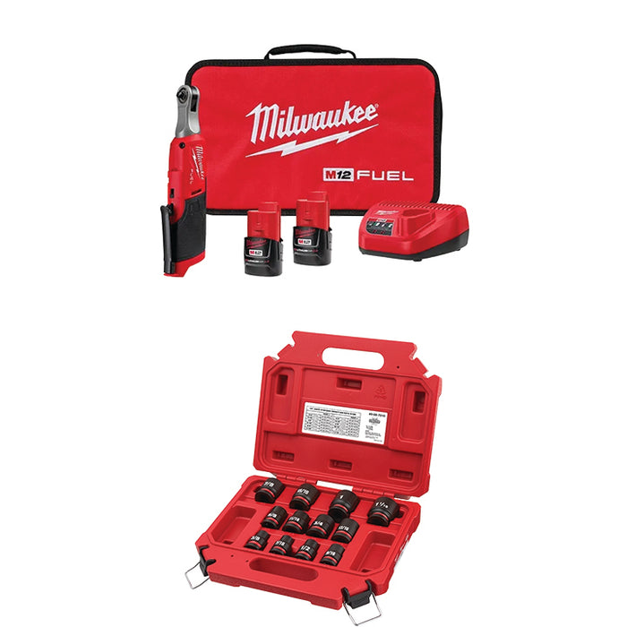 MILWAUKEE M12 FUEL™ 1/4" High Speed Ratchet Kit & FREE 12 PC. SHOCKWAVE IMPACT DUTY™ 1/2" Drive SAE Standard 6 Point Socket Set