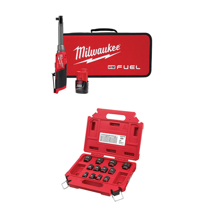 MILWAUKEE M12 FUEL™ 3/8" Extended Reach High Speed Ratchet Kit & FREE 12 PC. SHOCKWAVE IMPACT DUTY™ 3/8" Drive SAE Standard 6 Point Socket Set