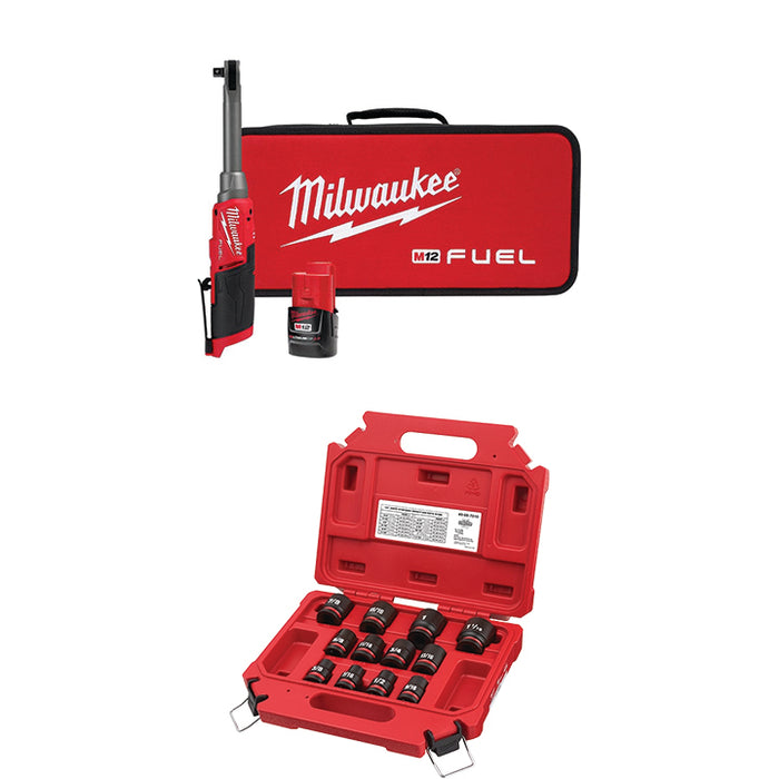 MILWAUKEE M12 FUEL™ 3/8" Extended Reach High Speed Ratchet Kit & FREE 12 PC. SHOCKWAVE IMPACT DUTY™ 1/2" Drive SAE Standard 6 Point Socket Set