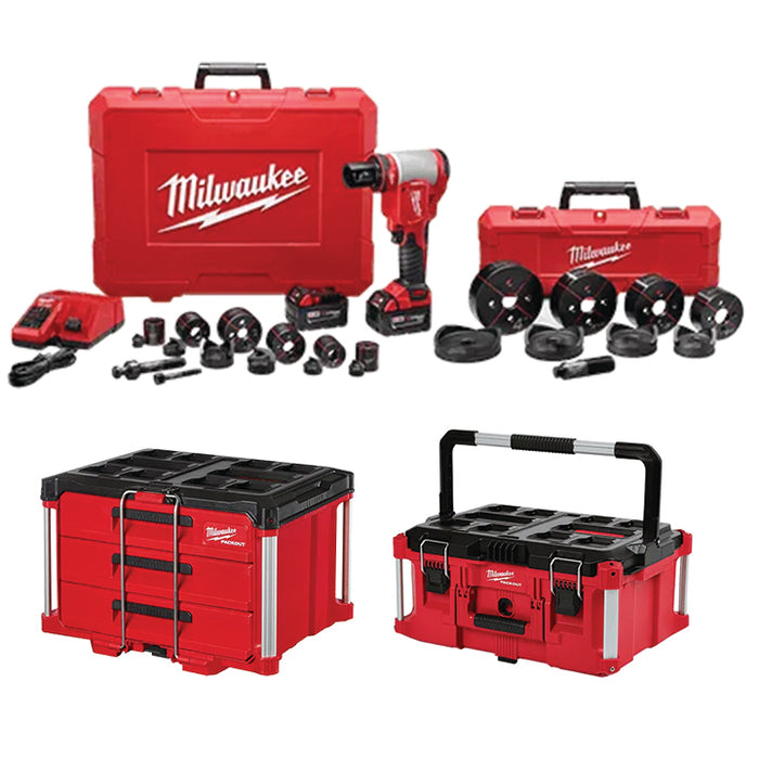 MILWAUKEE M18™ FORCE LOGIC™ 10T Knockout Tool 1/2" - 4" Kit w/ FREE PACKOUT™ 3-Drawer Tool Box & PACKOUT™ Large Tool Box