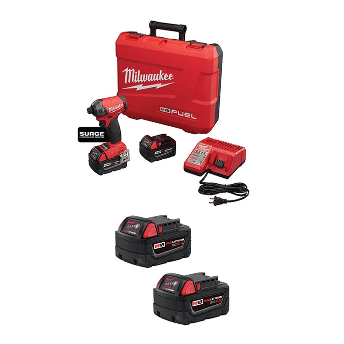 MILWAUKEE M18 FUEL™ SURGE™ 1/4" Hex Hydraulic Driver Kit & M18™ REDLITHIUM™ XC5.0 Extended Capacity Battery (2 PACK)