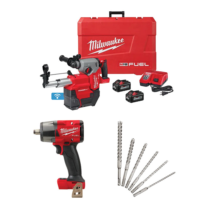 MILWAUKEE M18 FUEL™ 1" SDS PLUS Rotary Hammer w/ Dust Extractor Kit w/ FREE M18 FUEL™ 1/2" Mid-Torque Impact Wrench w/ Friction Ring & SDS-PLUS 4 Cutter MX4™ 6 PC. Kit