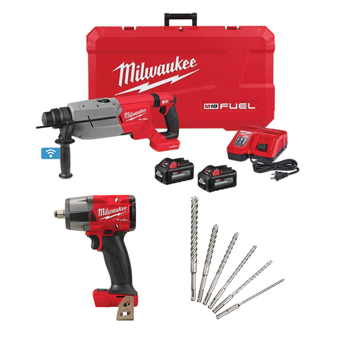 MILWAUKEE M18 FUEL™ 1-1/4” SDS PLUS D-Handle Rotary Hammer Kit w/ FREE M18 FUEL™ 1/2" Mid-Torque Impact Wrench w/ Friction Ring & SDS-PLUS 4 Cutter MX4™ 6 PC. Kit