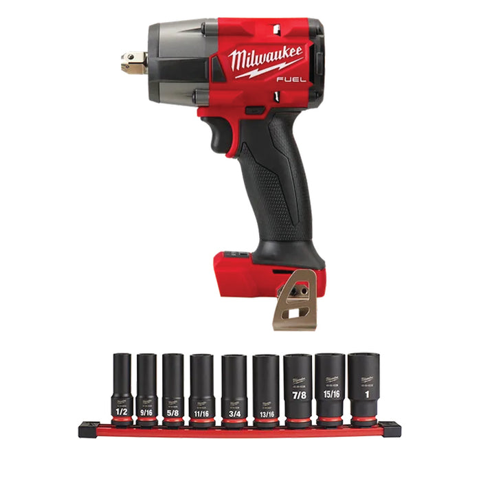 MILWAUKEE M18 FUEL™ 1/2 " Mid-Torque Impact Wrench w/ Pin Detent & FREE 9 PC. SHOCKWAVE IMPACT DUTY™ 1/2" Drive SAE Deep 6 Point Socket Set