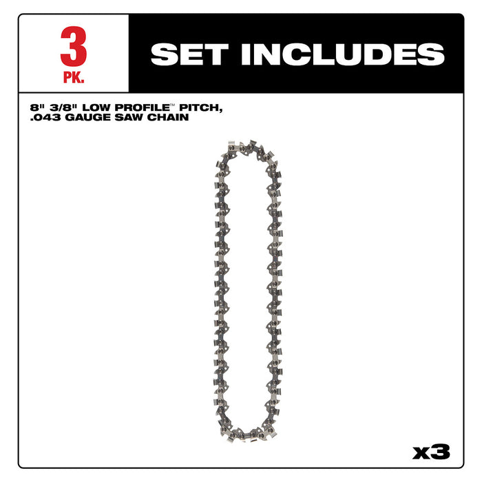 MILWAUKEE 8" 3/8" LOW PROFILE™ Pitch, .043" Gauge Saw Chain (3 PACK)
