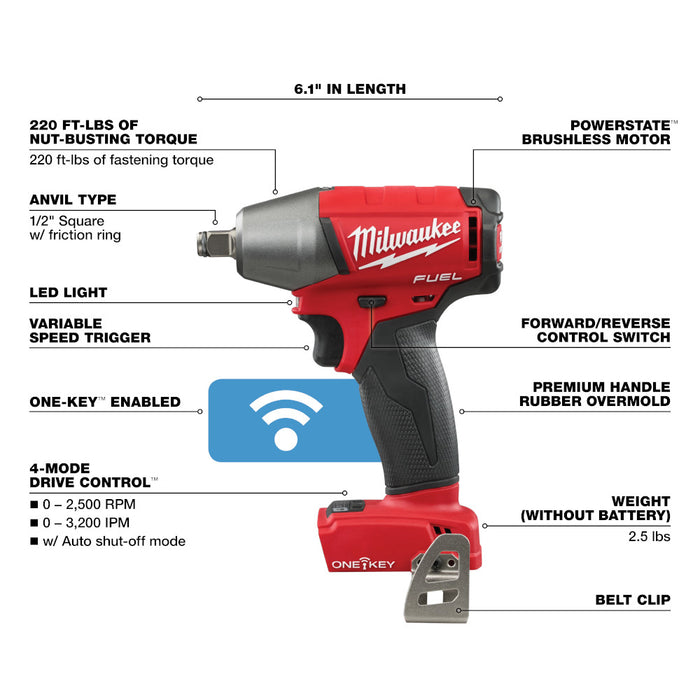MILWAUKEE M18 FUEL™ con llave de impacto compacta ONE-KEY™ de 1/2" con anillo de fricción (solo herramienta)