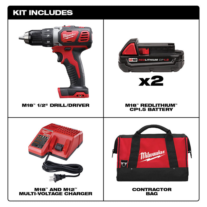 Kit de taladro atornillador compacto MILWAUKEE M18™ de 1/2"